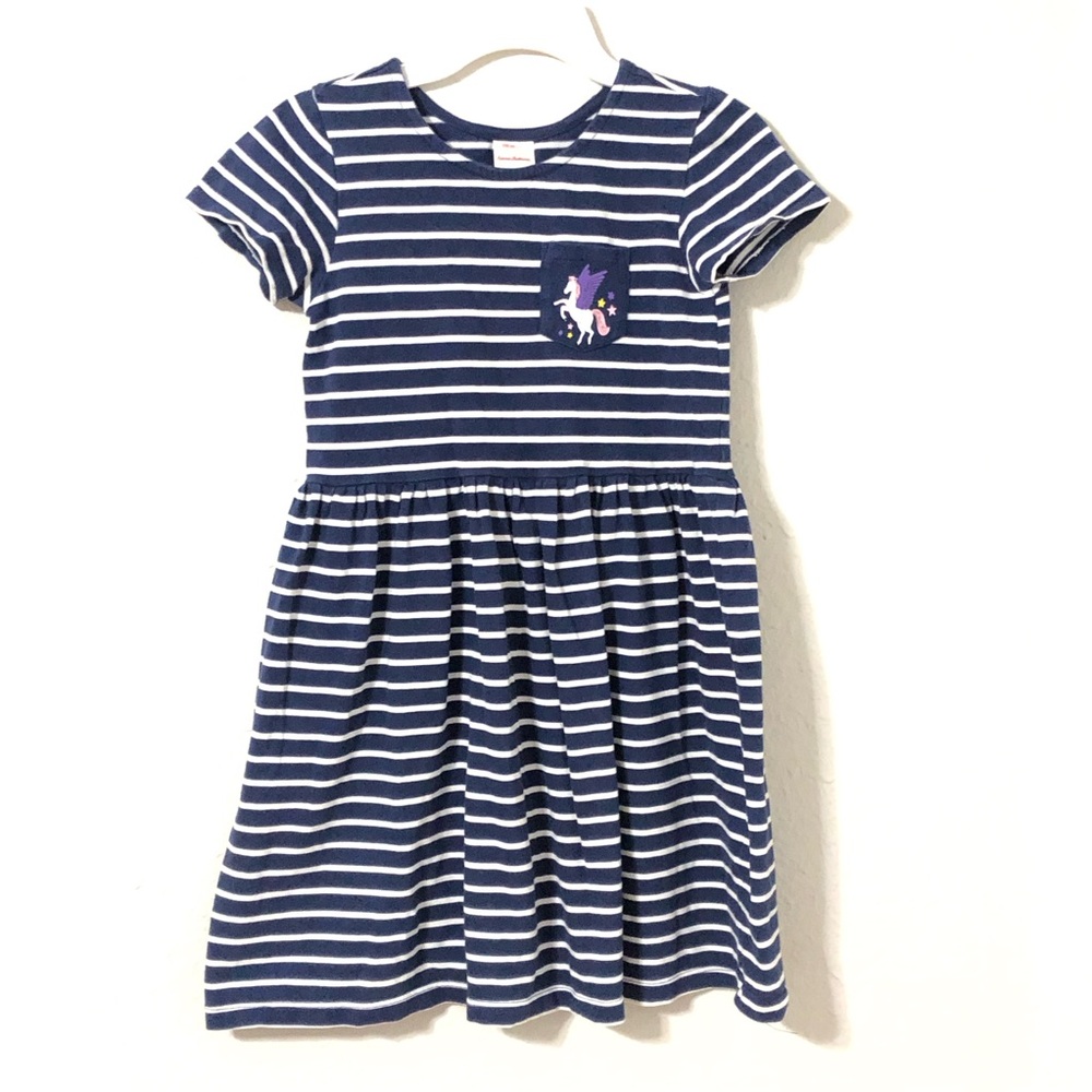 Hanna Andersson Short Sleeve Dress Unicorn Pocket skater Striped Dress Size 8